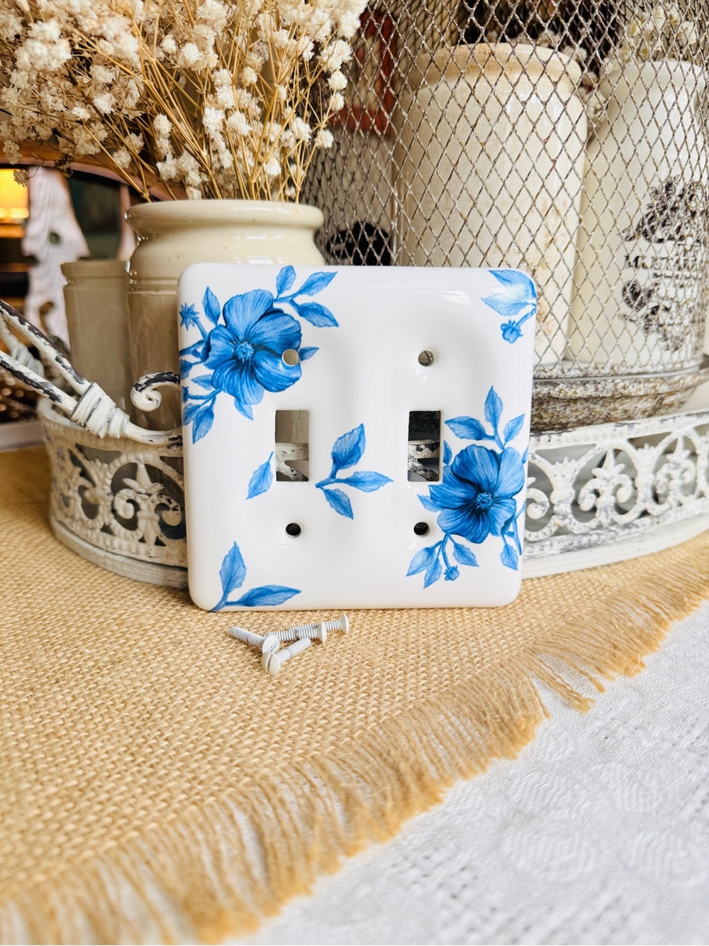 Vintage Blue Floral Ceramic Double Toggle Light Switch Cover - Picture 3 of 6